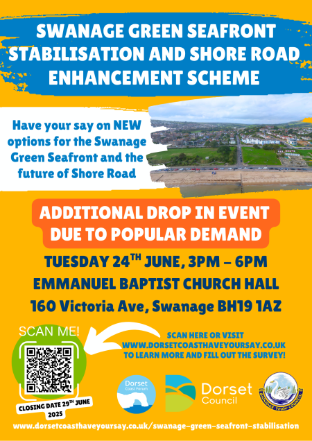 Drop in event poster regarding Swanage Green Seafront Stabilisation and Shore Road Enhancement Scheme